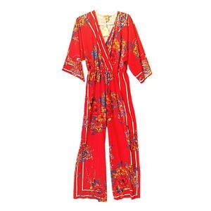 Flying Tomato Womens Red Floral Kimono Sleeves Snap Wide Leg Romper Jumpsuit M